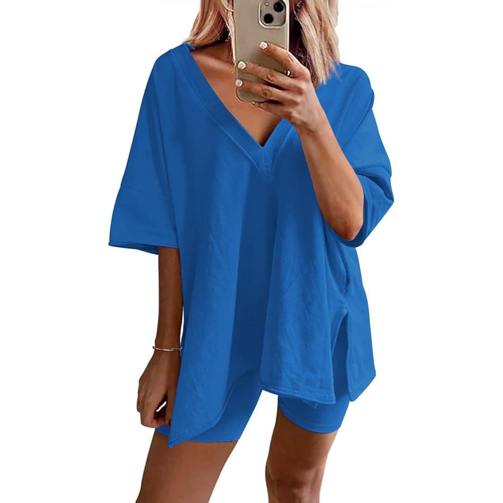 imageEkouaer Womens Pajamas 2 Piece Lounge Sets Oversized V Neck TShirts Tops Biker Shorts Set Workout Reversible Tracksuit SXXLBlue
