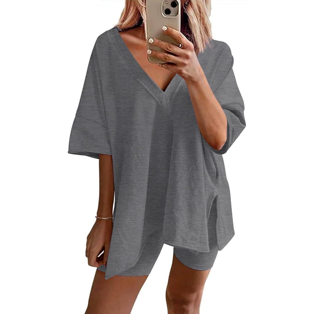 imageEkouaer Womens Pajamas 2 Piece Lounge Sets Oversized V Neck TShirts Tops Biker Shorts Set Workout Reversible Tracksuit SXXLDark Grey