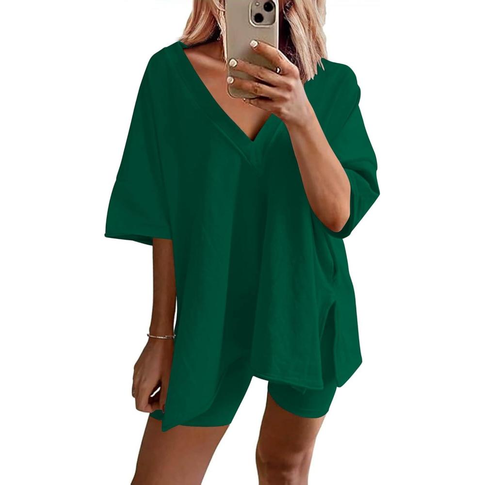 imageEkouaer Womens Pajamas 2 Piece Lounge Sets Oversized V Neck TShirts Tops Biker Shorts Set Workout Reversible Tracksuit SXXLEvergreen