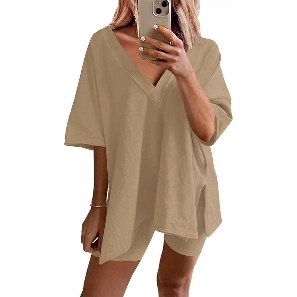 imageEkouaer Womens Pajamas 2 Piece Lounge Sets Oversized V Neck TShirts Tops Biker Shorts Set Workout Reversible Tracksuit SXXLKhaki
