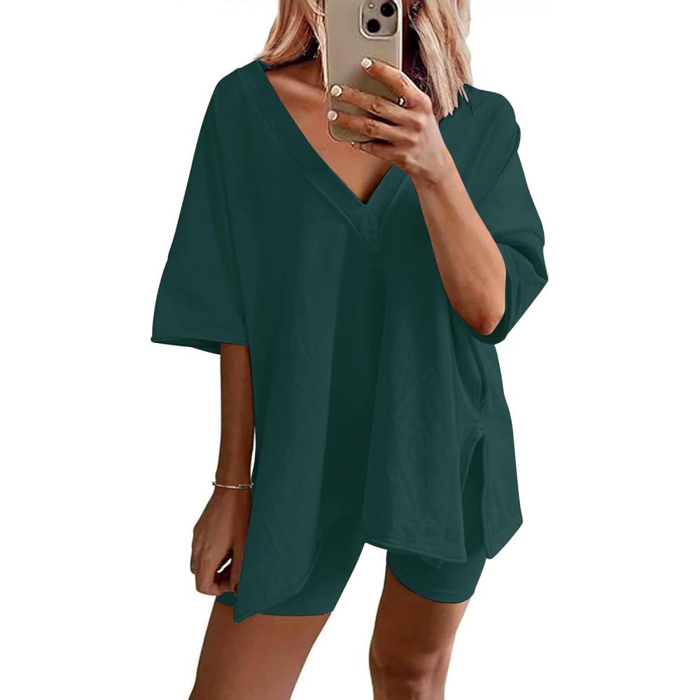 imageEkouaer Womens Pajamas 2 Piece Lounge Sets Oversized V Neck TShirts Tops Biker Shorts Set Workout Reversible Tracksuit SXXLLake Green