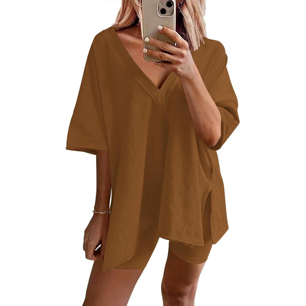 imageEkouaer Womens Pajamas 2 Piece Lounge Sets Oversized V Neck TShirts Tops Biker Shorts Set Workout Reversible Tracksuit SXXLLight Brown