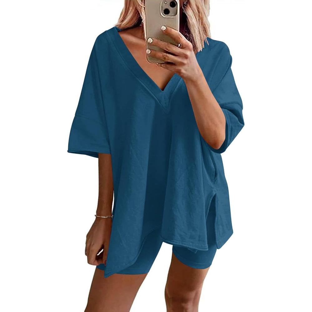 imageEkouaer Womens Pajamas 2 Piece Lounge Sets Oversized V Neck TShirts Tops Biker Shorts Set Workout Reversible Tracksuit SXXLNavy Blue