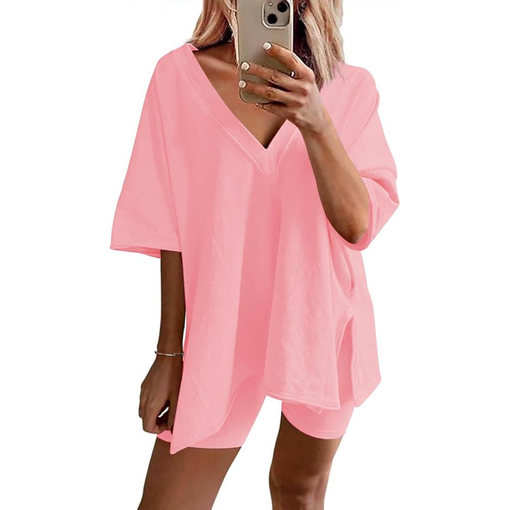 imageEkouaer Womens Pajamas 2 Piece Lounge Sets Oversized V Neck TShirts Tops Biker Shorts Set Workout Reversible Tracksuit SXXLOrange Pink