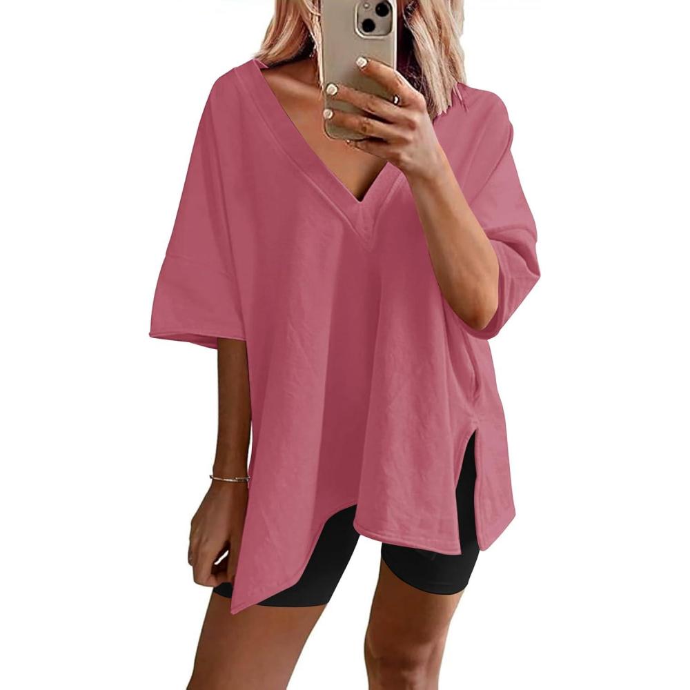 imageEkouaer Womens Pajamas 2 Piece Lounge Sets Oversized V Neck TShirts Tops Biker Shorts Set Workout Reversible Tracksuit SXXLPeach Pink