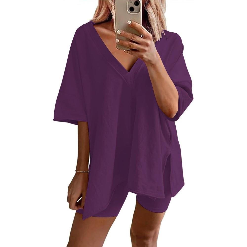 imageEkouaer Womens Pajamas 2 Piece Lounge Sets Oversized V Neck TShirts Tops Biker Shorts Set Workout Reversible Tracksuit SXXLPurple