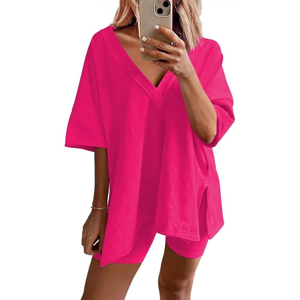 imageEkouaer Womens Pajamas 2 Piece Lounge Sets Oversized V Neck TShirts Tops Biker Shorts Set Workout Reversible Tracksuit SXXLRose Red