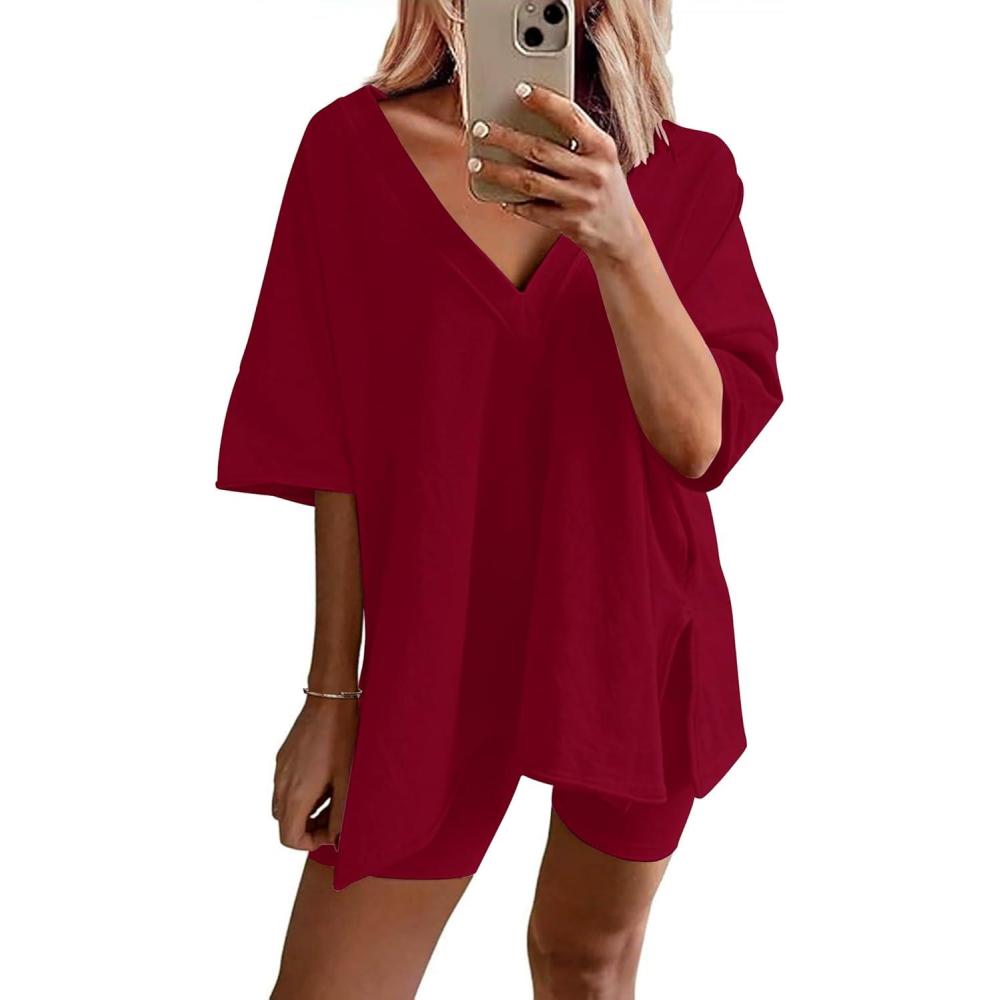 imageEkouaer Womens Pajamas 2 Piece Lounge Sets Oversized V Neck TShirts Tops Biker Shorts Set Workout Reversible Tracksuit SXXLWine Red