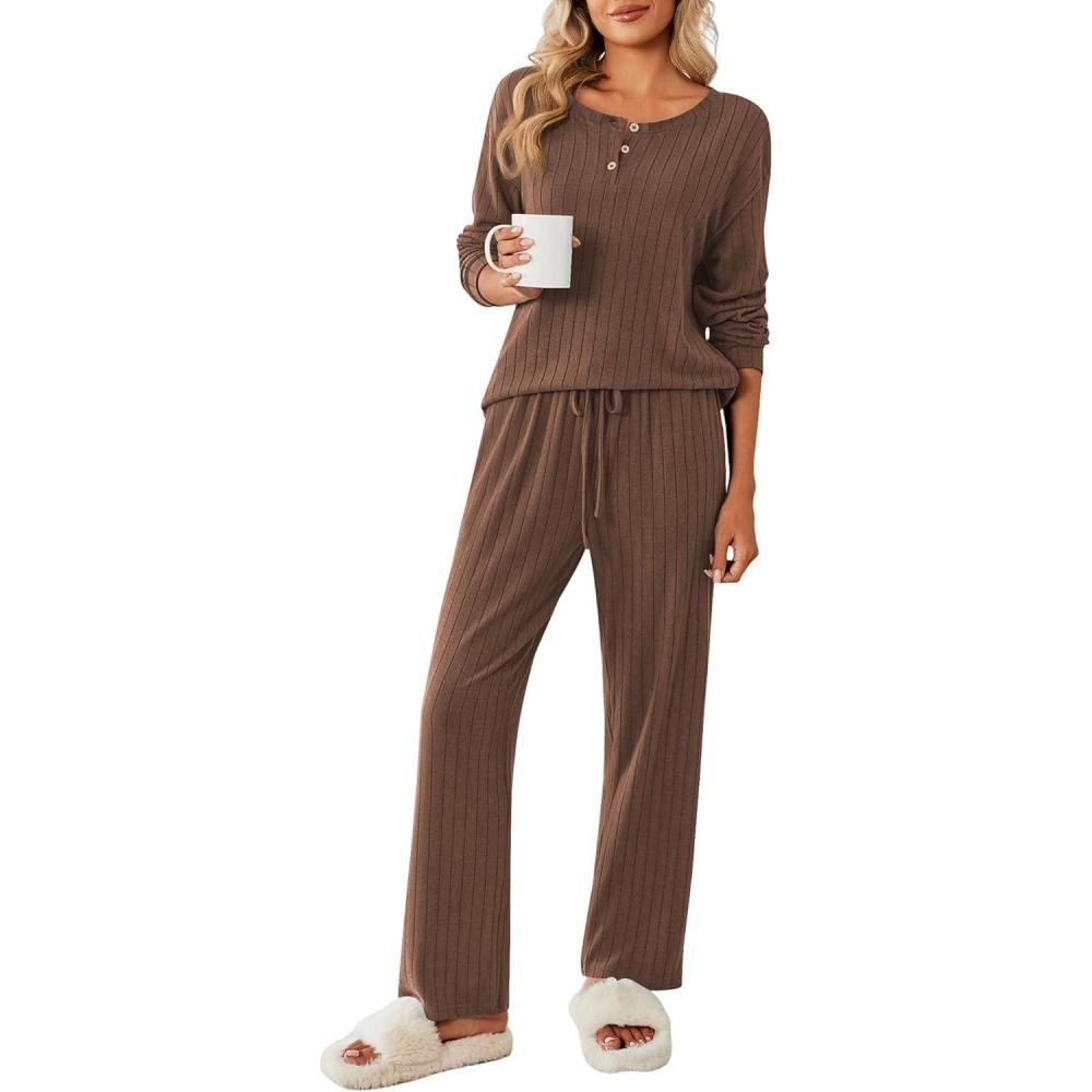 imageEkouaer Womens Pajamas Set 2 Piece Lounge Sets Ribbed Knit Button Down Pjs Set Fleece Long Sleeve SleepwearBrown