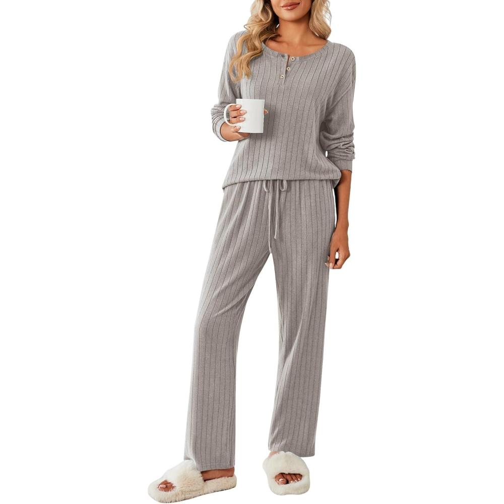 imageEkouaer Womens Pajamas Set 2 Piece Lounge Sets Ribbed Knit Button Down Pjs Set Fleece Long Sleeve SleepwearCharcoal Gray