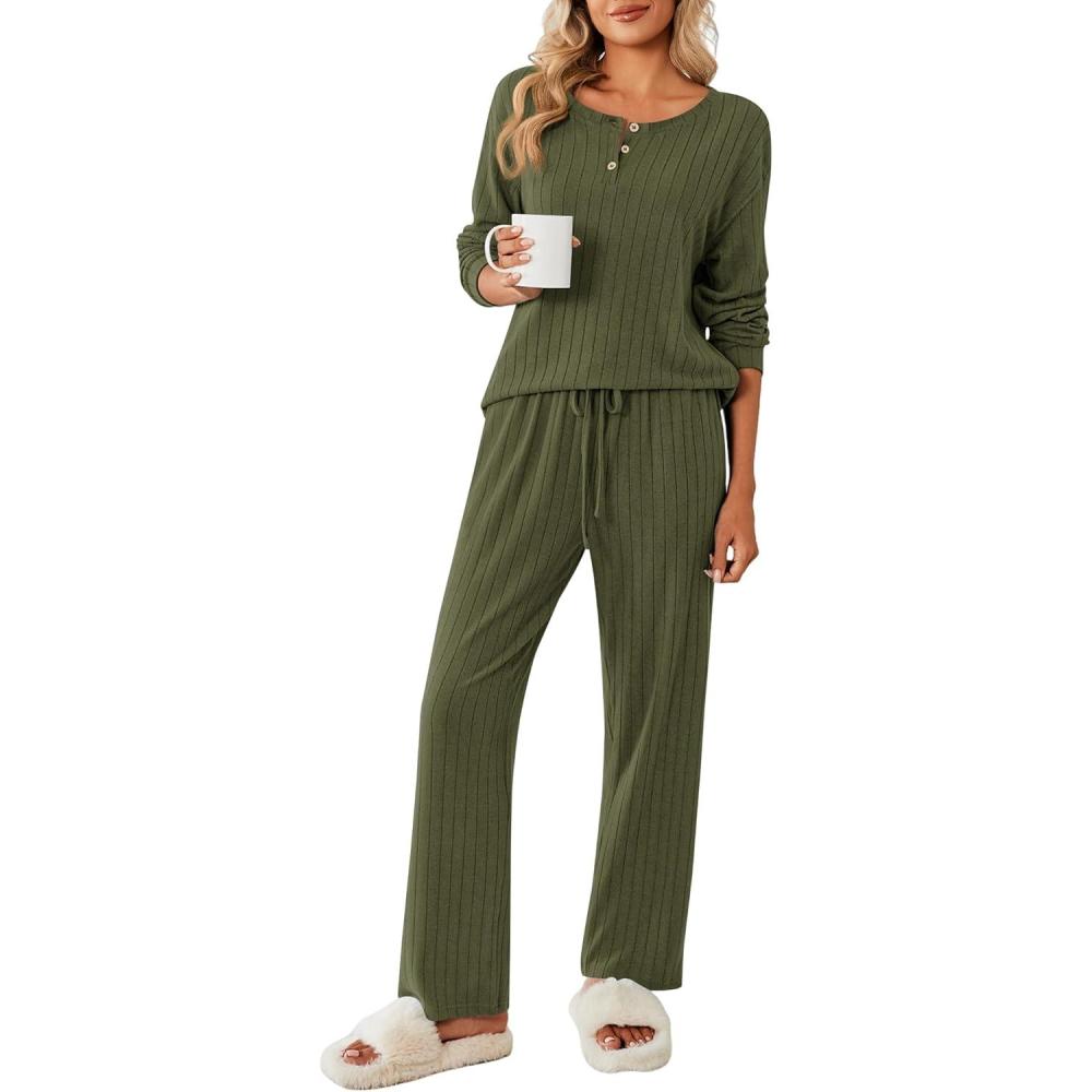 imageEkouaer Womens Pajamas Set 2 Piece Lounge Sets Ribbed Knit Button Down Pjs Set Fleece Long Sleeve SleepwearSage Green
