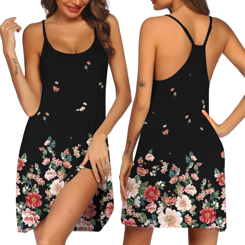 imageEkouaer Womens Racerback Sleeveless NightgownBlack Flower