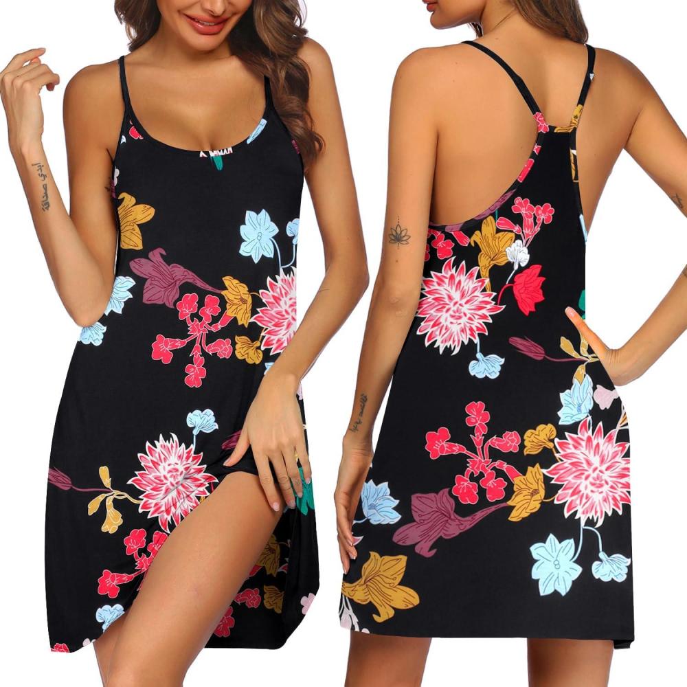 imageEkouaer Womens Racerback Sleeveless NightgownBlack Red Flower