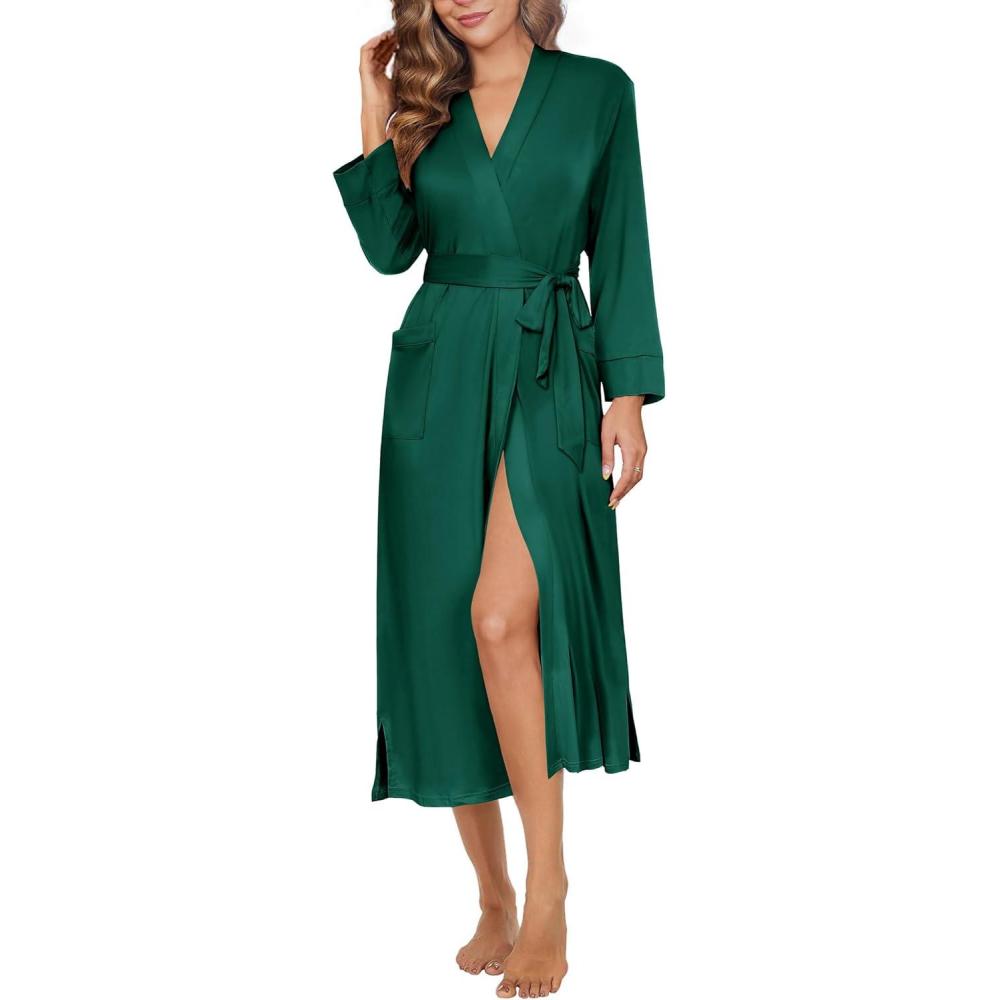 imageEkouaer Womens Robe Long Knit Kimono Bathrobe Lightweight Sleepwear Soft Ladies Loungewear with Pockets SXXLLake Green