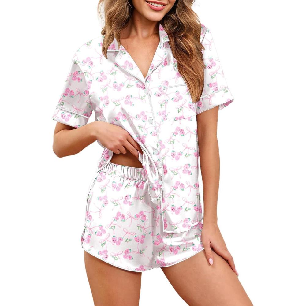 imageEkouaer Womens Silk Satin Pajamas Set Short Sleeve Sleepwear Button Down Loungewear 2 Piece Pjs Shorts Set S5X Plus SizePink Bow Hydrangea