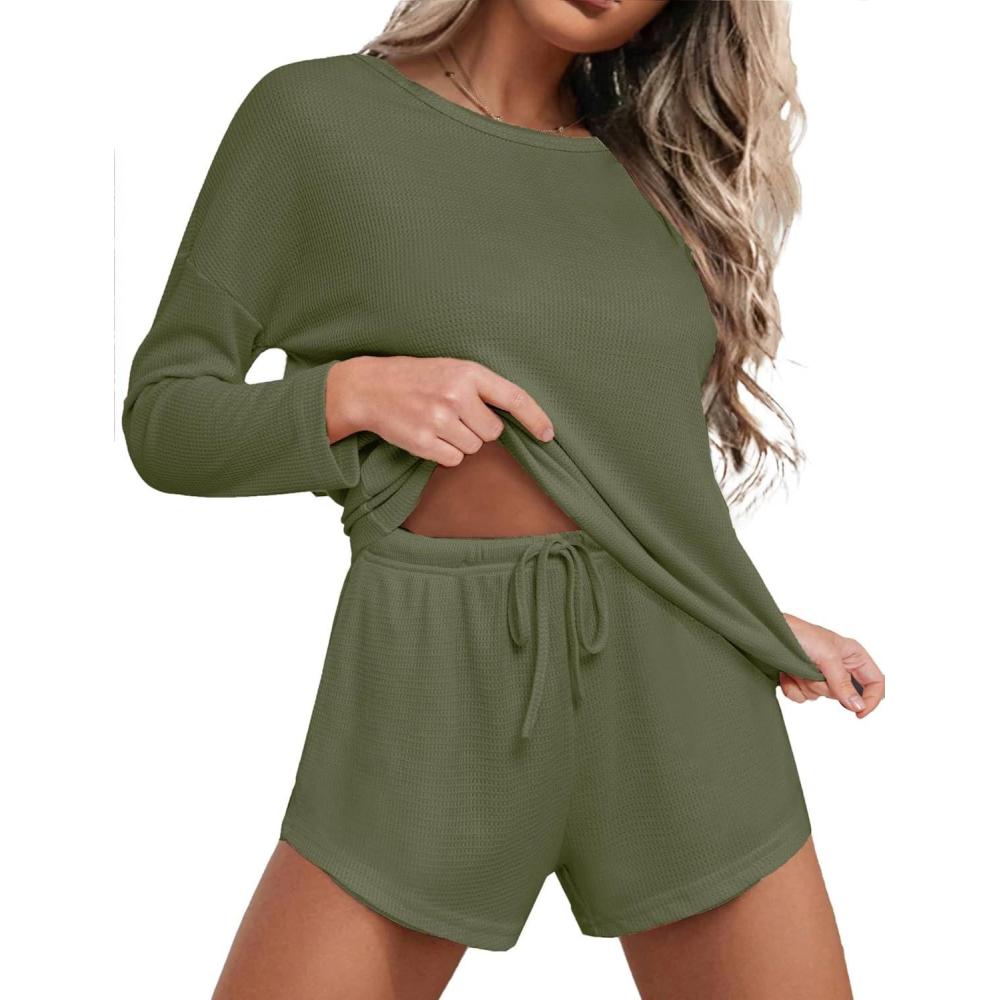 imageEkouaer Womens Waffle Knit Pajama Sets Long Sleeve Top and Shorts Matching Lounge Set Loungewear Sweatsuit with PocketsArmy Green