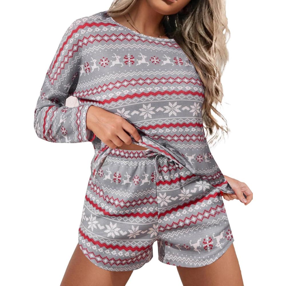 imageEkouaer Womens Waffle Knit Pajama Sets Long Sleeve Top and Shorts Matching Lounge Set Loungewear Sweatsuit with PocketsBgrey Christmas Pattern
