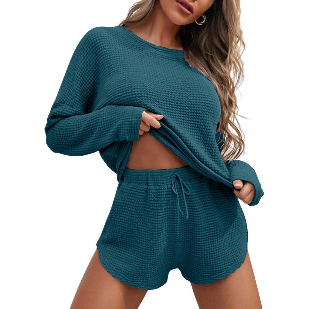 imageEkouaer Womens Waffle Knit Pajama Sets Long Sleeve Top and Shorts Matching Lounge Set Loungewear Sweatsuit with PocketsBlue and Green