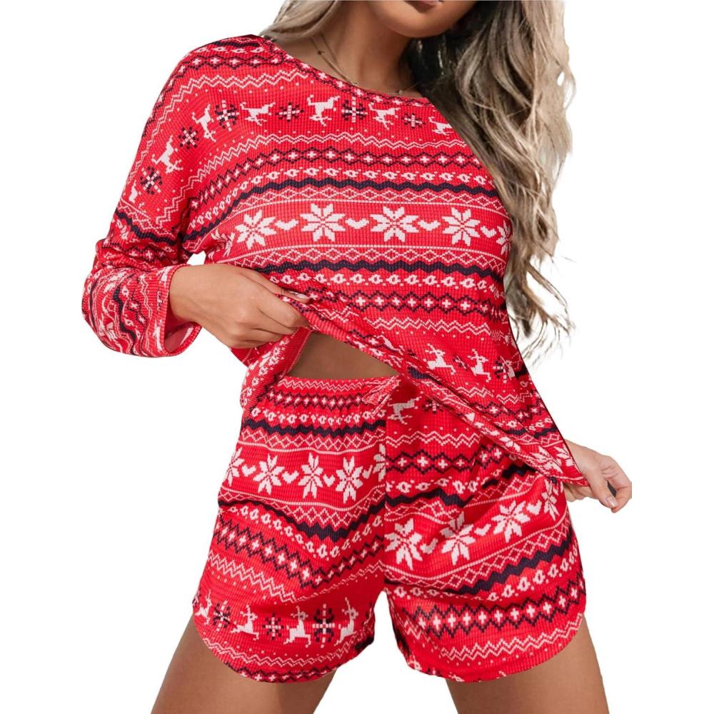 imageEkouaer Womens Waffle Knit Pajama Sets Long Sleeve Top and Shorts Matching Lounge Set Loungewear Sweatsuit with PocketsBred Christmas Pattern