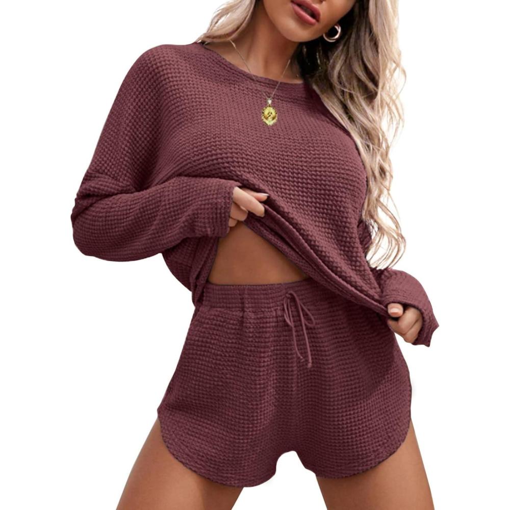imageEkouaer Womens Waffle Knit Pajama Sets Long Sleeve Top and Shorts Matching Lounge Set Loungewear Sweatsuit with PocketsBurgundy