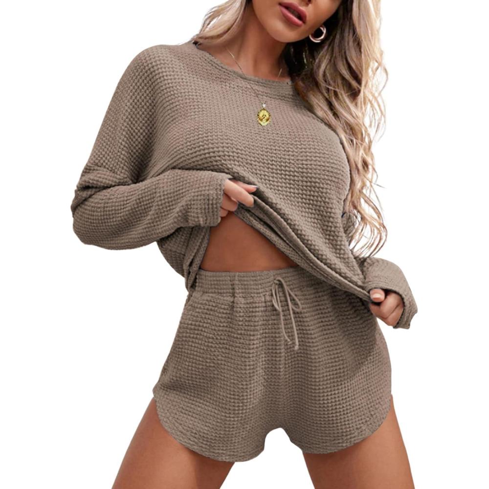 imageEkouaer Womens Waffle Knit Pajama Sets Long Sleeve Top and Shorts Matching Lounge Set Loungewear Sweatsuit with PocketsCamel