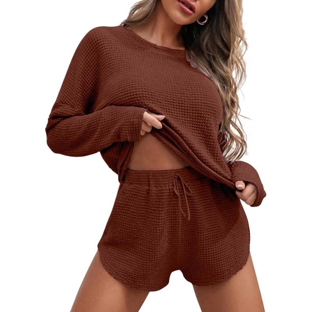 imageEkouaer Womens Waffle Knit Pajama Sets Long Sleeve Top and Shorts Matching Lounge Set Loungewear Sweatsuit with PocketsCaramel