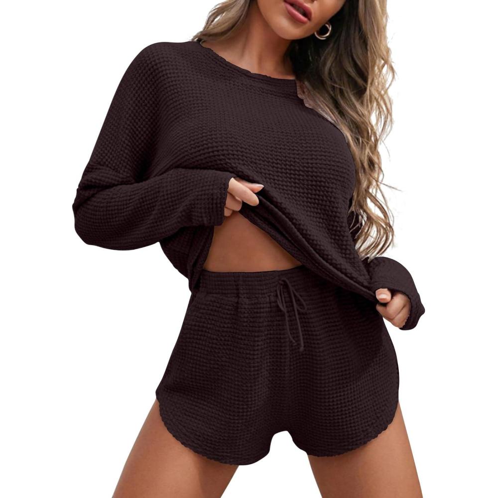 imageEkouaer Womens Waffle Knit Pajama Sets Long Sleeve Top and Shorts Matching Lounge Set Loungewear Sweatsuit with PocketsChestnut