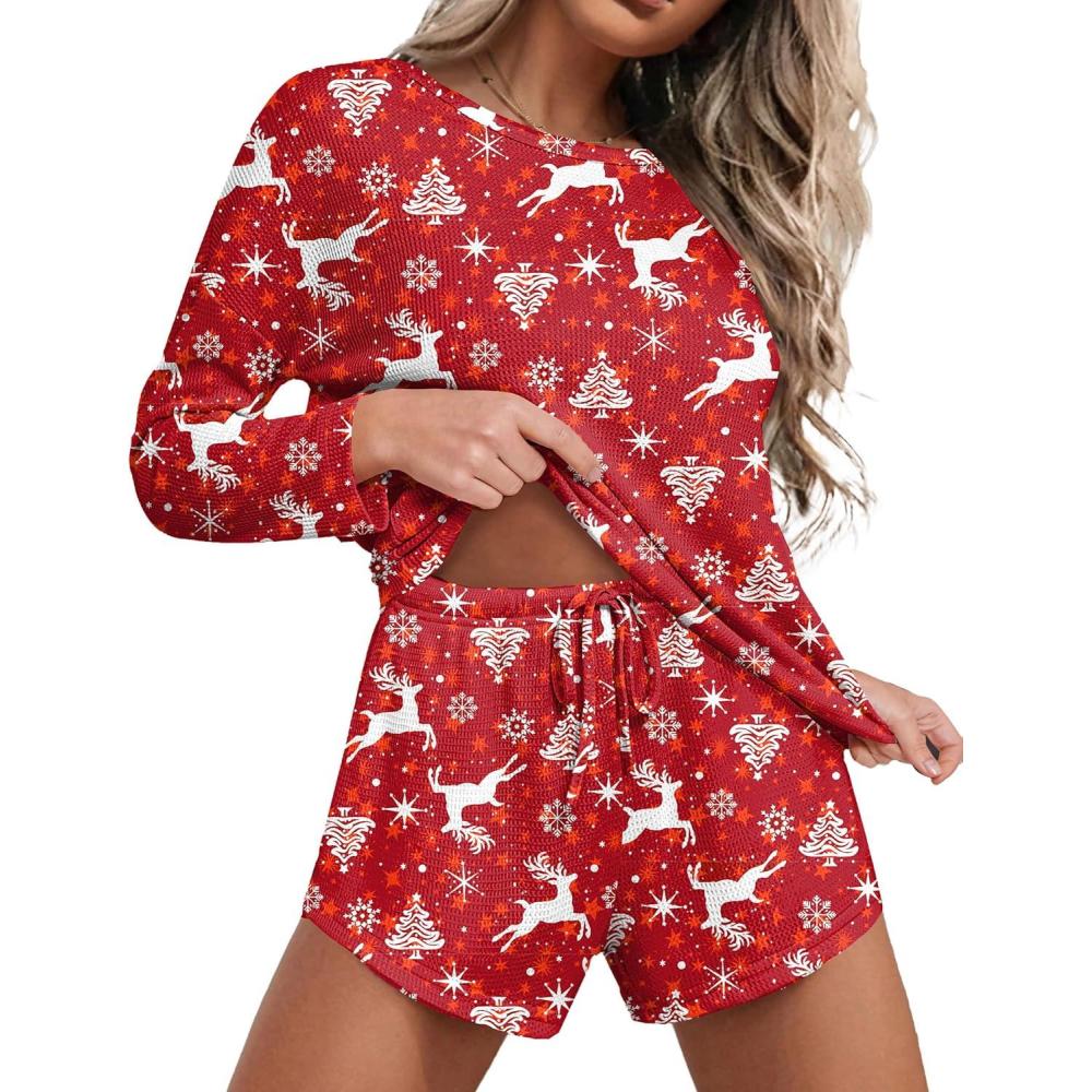 imageEkouaer Womens Waffle Knit Pajama Sets Long Sleeve Top and Shorts Matching Lounge Set Loungewear Sweatsuit with PocketsChristmas Reindeer