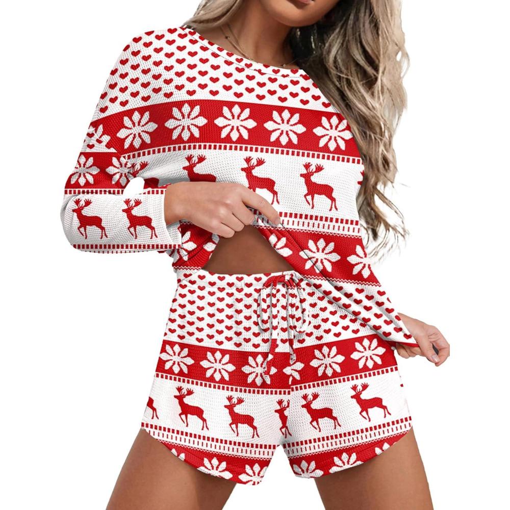 imageEkouaer Womens Waffle Knit Pajama Sets Long Sleeve Top and Shorts Matching Lounge Set Loungewear Sweatsuit with PocketsChristmasdeer