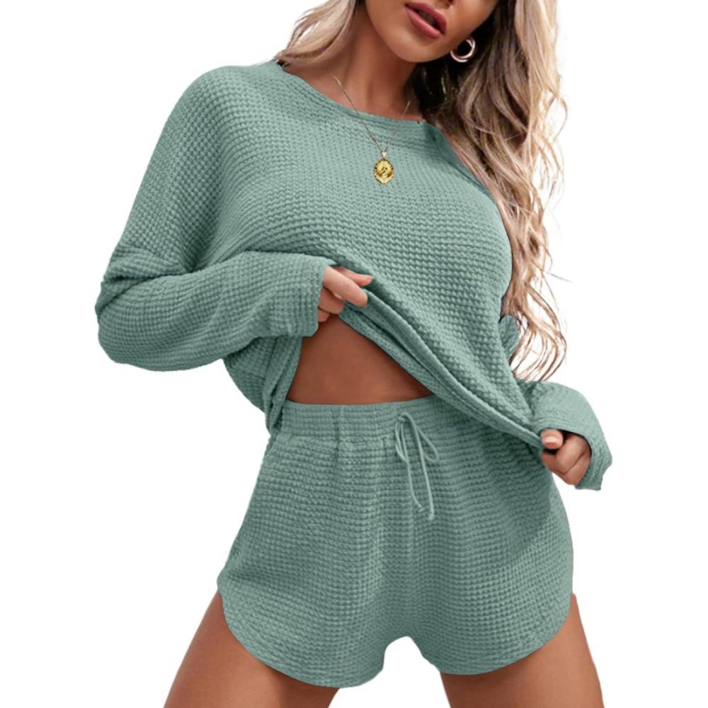 imageEkouaer Womens Waffle Knit Pajama Sets Long Sleeve Top and Shorts Matching Lounge Set Loungewear Sweatsuit with PocketsGreen