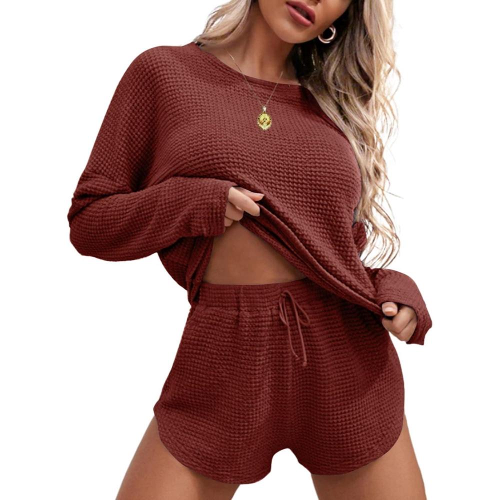imageEkouaer Womens Waffle Knit Pajama Sets Long Sleeve Top and Shorts Matching Lounge Set Loungewear Sweatsuit with PocketsMaroon