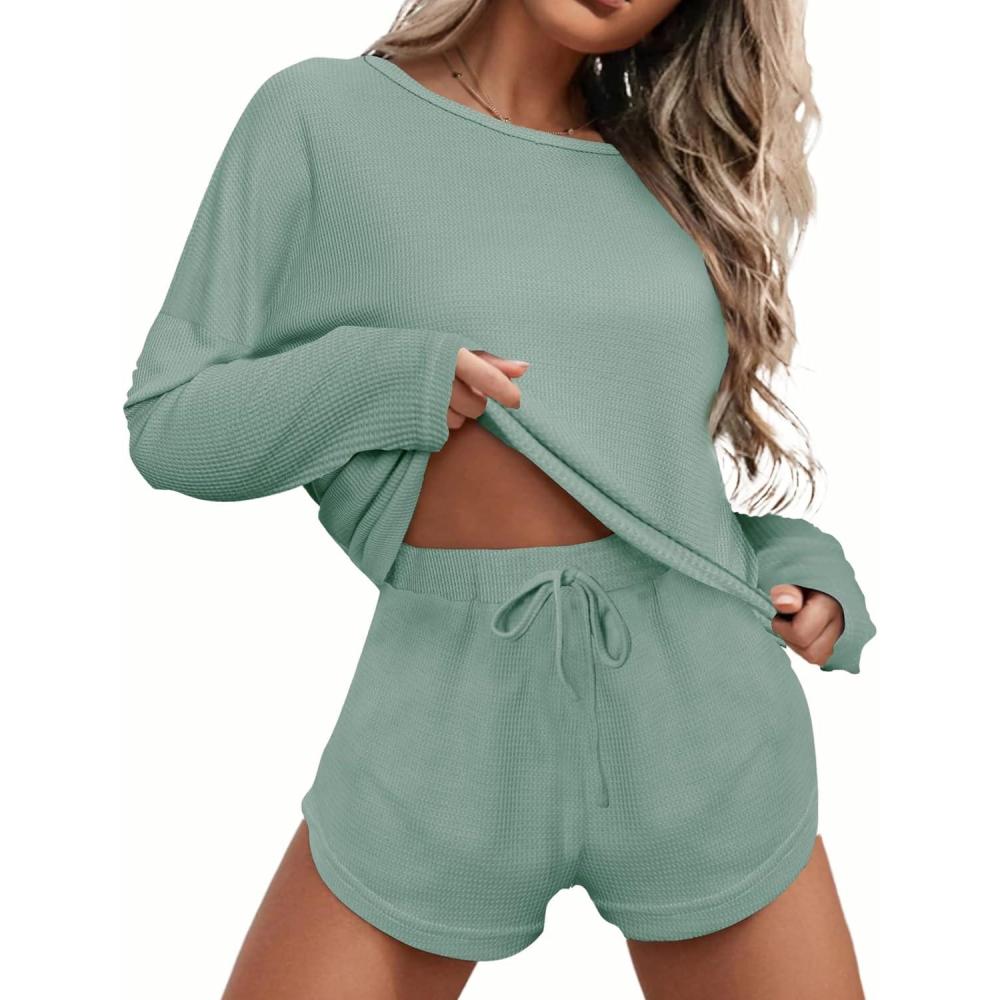 imageEkouaer Womens Waffle Knit Pajama Sets Long Sleeve Top and Shorts Matching Lounge Set Loungewear Sweatsuit with PocketsMini Wafflegreen