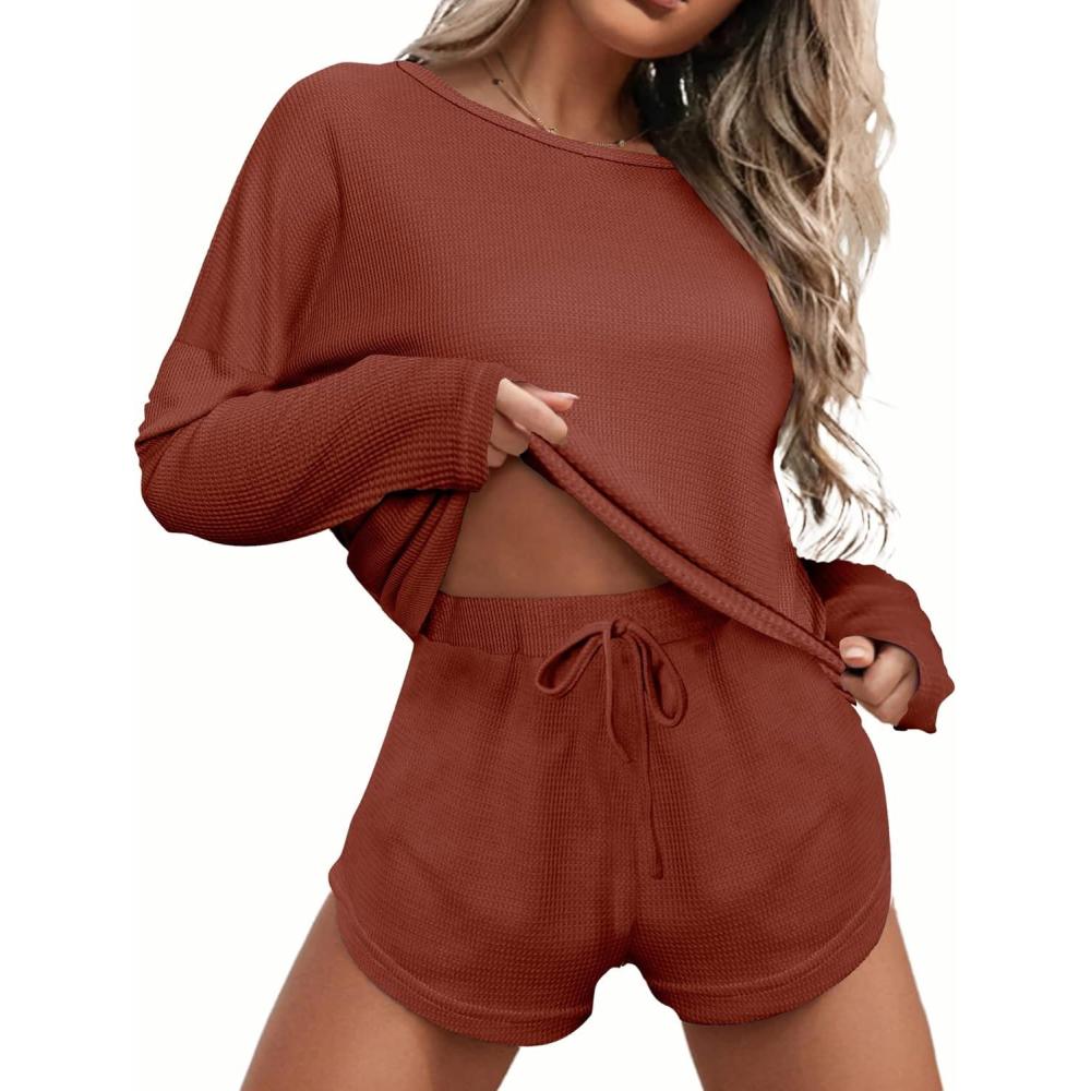 imageEkouaer Womens Waffle Knit Pajama Sets Long Sleeve Top and Shorts Matching Lounge Set Loungewear Sweatsuit with PocketsMini Wafflewine Red