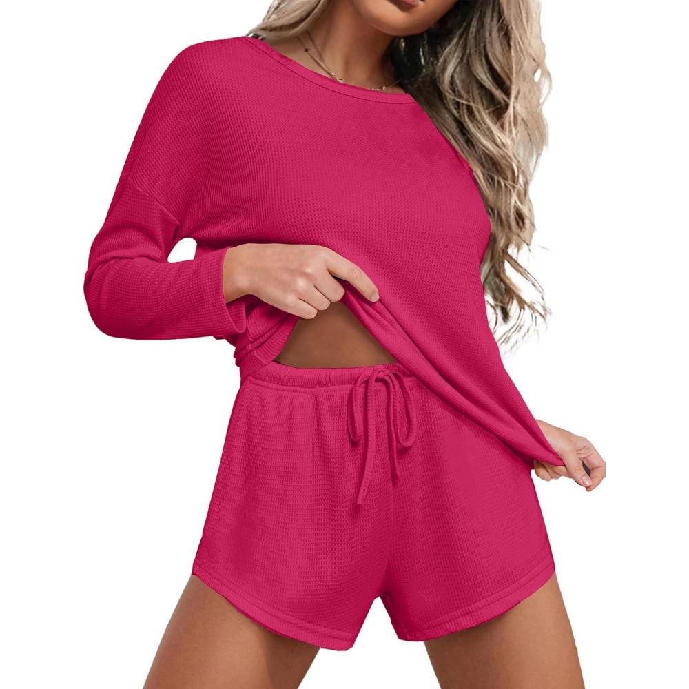 imageEkouaer Womens Waffle Knit Pajama Sets Long Sleeve Top and Shorts Matching Lounge Set Loungewear Sweatsuit with PocketsRose Pink
