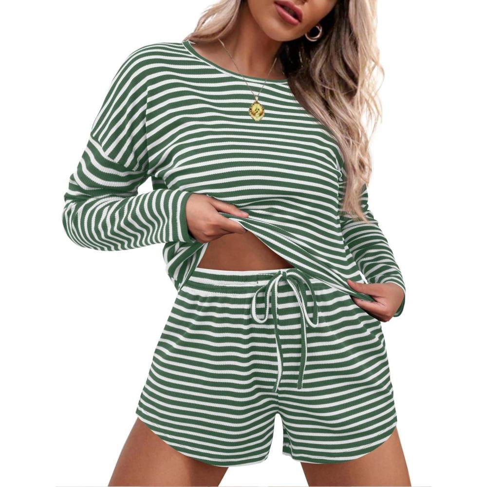 imageEkouaer Womens Waffle Knit Pajama Sets Long Sleeve Top and Shorts Matching Lounge Set Loungewear Sweatsuit with PocketsStripeswhitegreen
