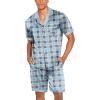 Ekouaer Men Satin Silk Pajamas Set with Pockets Sleepwear Shorts Satin Summer Loungewear 2 Piece Button Down Set S-3XL(Blue Check)