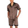Ekouaer Men Satin Silk Pajamas Set with Pockets Sleepwear Shorts Satin Summer Loungewear 2 Piece Button Down Set S-3XL(Brown)
