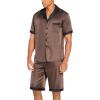Ekouaer Men Satin Silk Pajamas Set with Pockets Sleepwear Shorts Satin Summer Loungewear 2 Piece Button Down Set S-3XL(Brown)