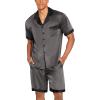 Ekouaer Men Satin Silk Pajamas Set with Pockets Sleepwear Shorts Satin Summer Loungewear 2 Piece Button Down Set S-3XL(Dark Grey)