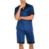 Ekouaer Men Satin Silk Pajamas Set with Pockets Sleepwear Shorts Satin Summer Loungewear 2 Piece Button Down Set S-3XL(Navy Blue)