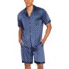 Ekouaer Men Satin Silk Pajamas Set with Pockets Sleepwear Shorts Satin Summer Loungewear 2 Piece Button Down Set S-3XL(Navy Blue Geometry)