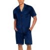 Ekouaer Men Satin Silk Pajamas Set with Pockets Sleepwear Shorts Satin Summer Loungewear 2 Piece Button Down Set S-3XL(Navy Striped)