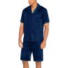 Ekouaer Men Satin Silk Pajamas Set with Pockets Sleepwear Shorts Satin Summer Loungewear 2 Piece Button Down Set S-3XL(Navy Striped)