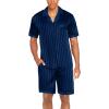 Ekouaer Men Satin Silk Pajamas Set with Pockets Sleepwear Shorts Satin Summer Loungewear 2 Piece Button Down Set S-3XL(Navy Striped)