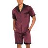 Ekouaer Men Satin Silk Pajamas Set with Pockets Sleepwear Shorts Satin Summer Loungewear 2 Piece Button Down Set S-3XL(Wine Red)