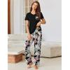 Ekouaer Pajama Sets for Women Short Sleeve Pj Set V Neck Sleepwear Chest Pocket with Long Pants Casual Loose Loungewear(Black Monstera)