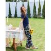 Ekouaer Pajama Sets for Women Short Sleeve Pj Set V Neck Sleepwear Chest Pocket with Long Pants Casual Loose Loungewear(Black Navy Floral)