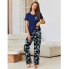 Ekouaer Pajama Sets for Women Short Sleeve Pj Set V Neck Sleepwear Chest Pocket with Long Pants Casual Loose Loungewear(Black Navy Floral)