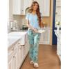 Ekouaer Pajama Sets for Women Short Sleeve Pj Set V Neck Sleepwear Chest Pocket with Long Pants Casual Loose Loungewear(Blue-green Flower)