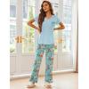 Ekouaer Pajama Sets for Women Short Sleeve Pj Set V Neck Sleepwear Chest Pocket with Long Pants Casual Loose Loungewear(Blue-green Flower)